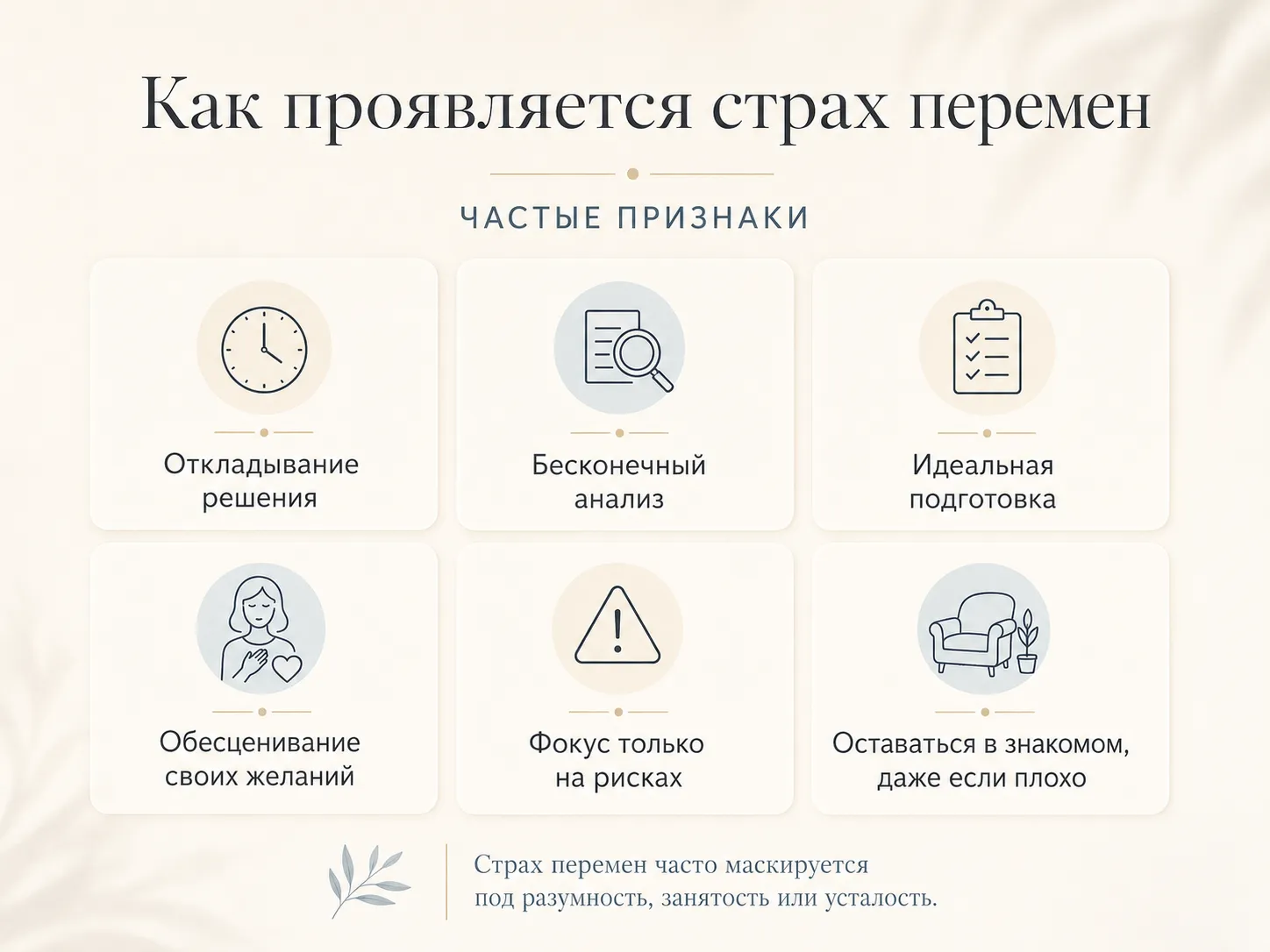 Как проявляется страх перемен: инфографика с частыми признаками — откладывание, анализ, идеальная подготовка, обесценивание желаний